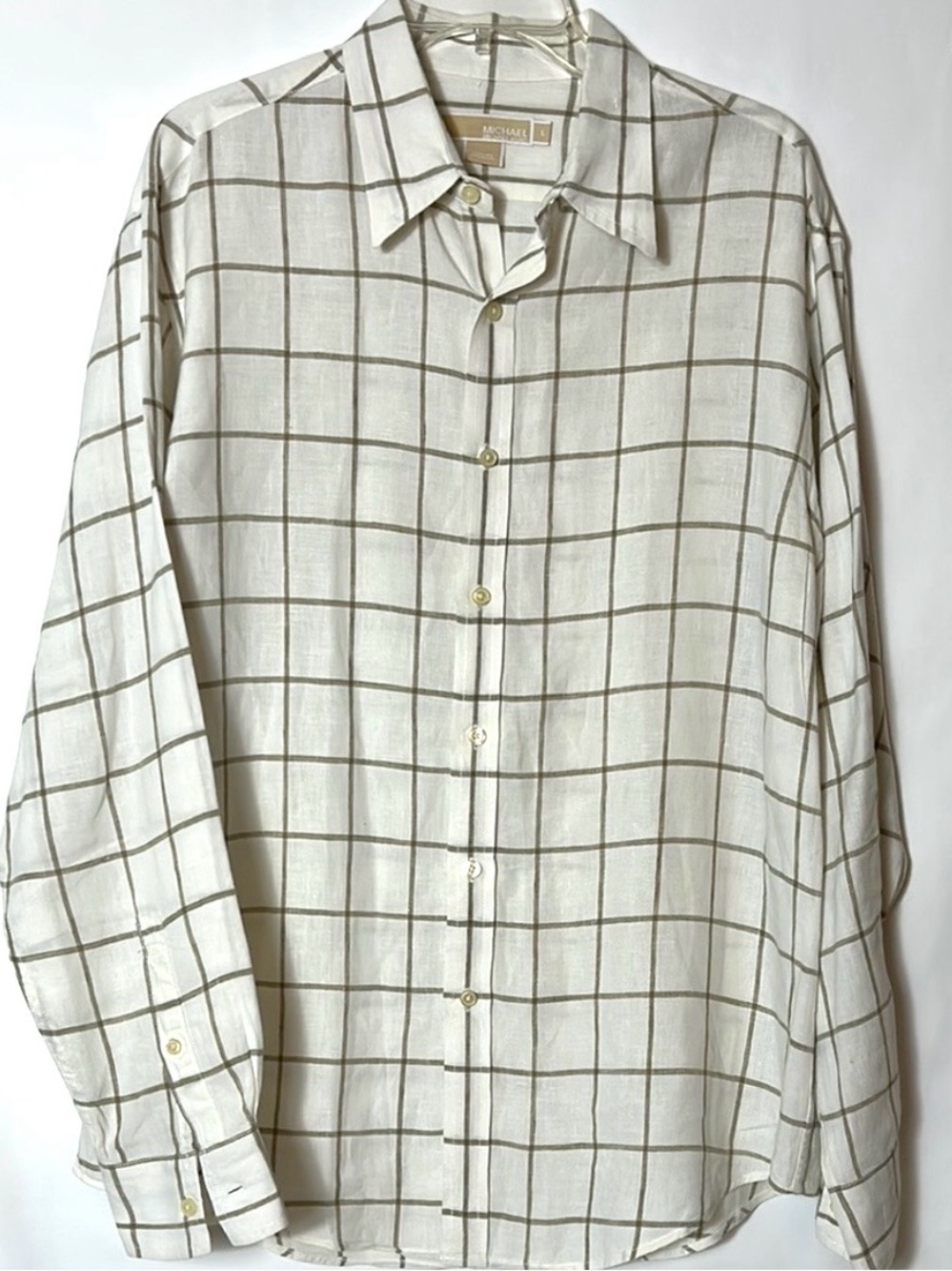 Michael Kors Men's Size Large 100% Linen Button Front White Tan Striped Shirt